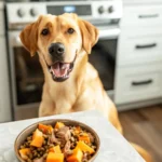 Labrador Retriever next to a bowl of homemade deer meat dog food in a cozy home kitchen
