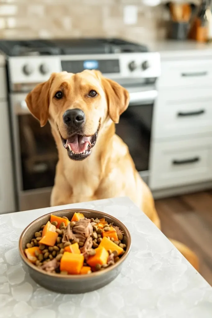 Labrador Retriever next to a bowl of homemade deer meat dog food in a cozy home kitchen