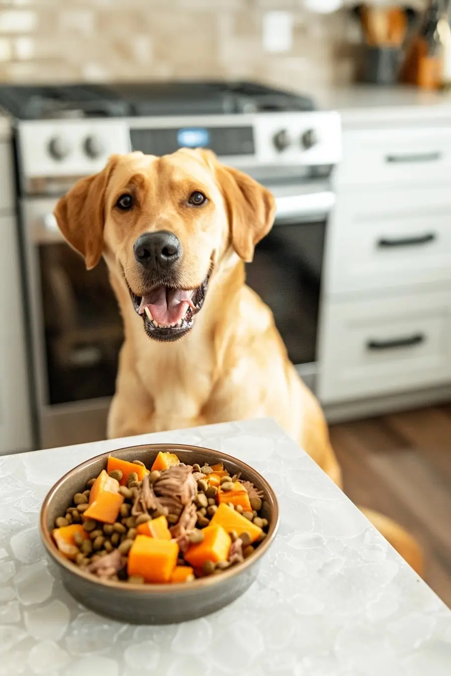 Labrador Retriever next to a bowl of homemade deer meat dog food in a cozy home kitchen