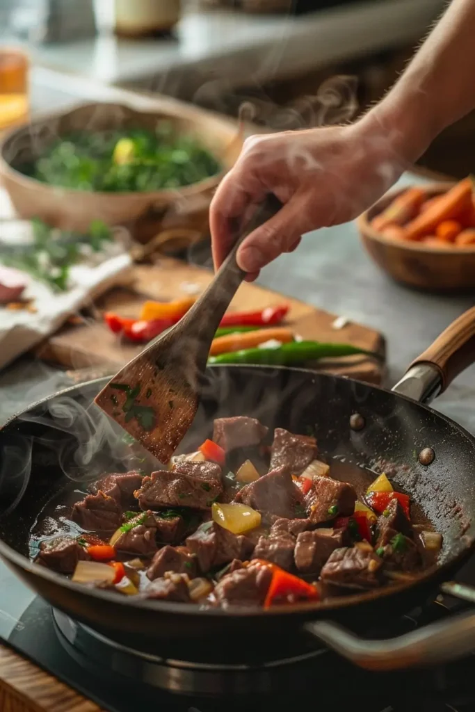 Skillet with ground venison and vegetables being stirred on a stovetop