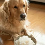 Golden Retriever eating bland chicken and rice diet