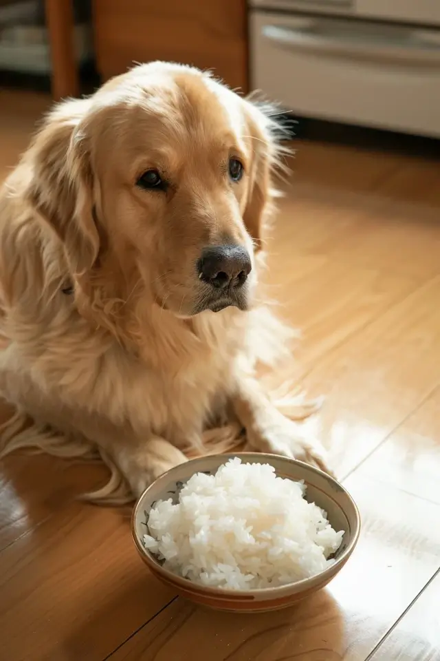 Golden Retriever eating bland chicken and rice diet
