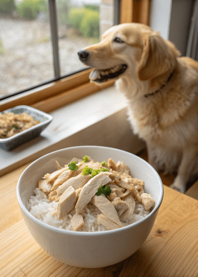 bland dog food recipe chicken in a bowl with happy dog