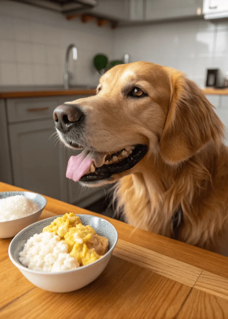 Bland diet for dogs with eggs - golden retriever eating scrambled eggs and rice