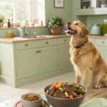Happy dog in a home kitchen next to a bowl of venison and vegetables on the floor, representing healthy homemade dog food.