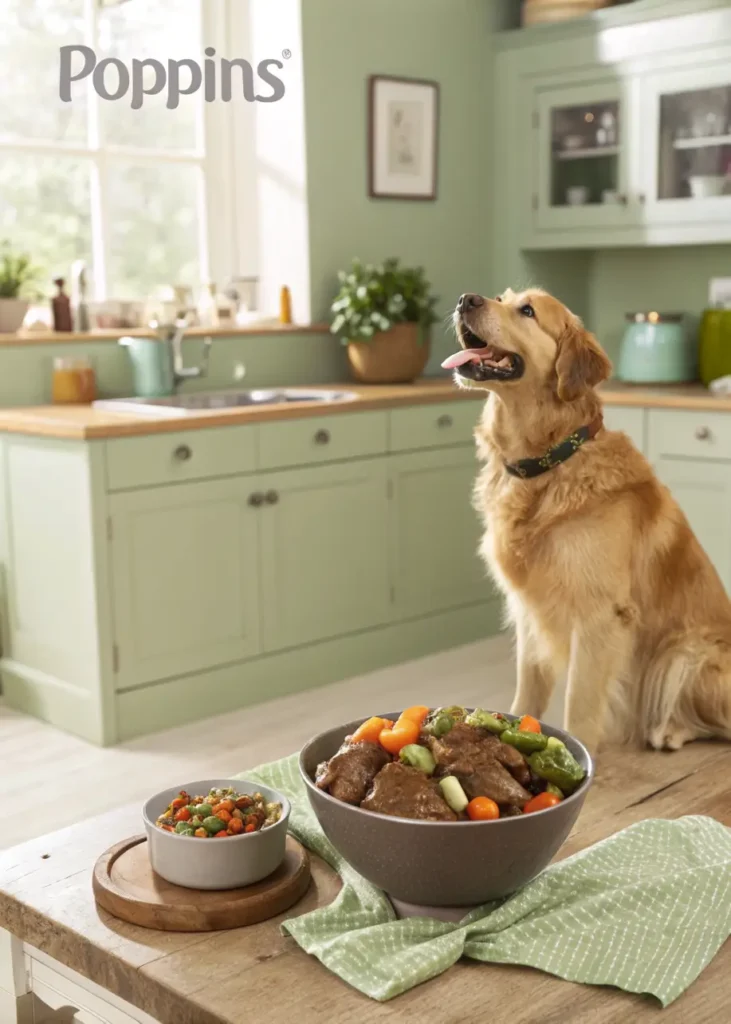 Happy dog in a home kitchen next to a bowl of venison and vegetables on the floor, representing healthy homemade dog food.