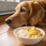 Golden retriever resting near bland diet scrambled eggs for dogs