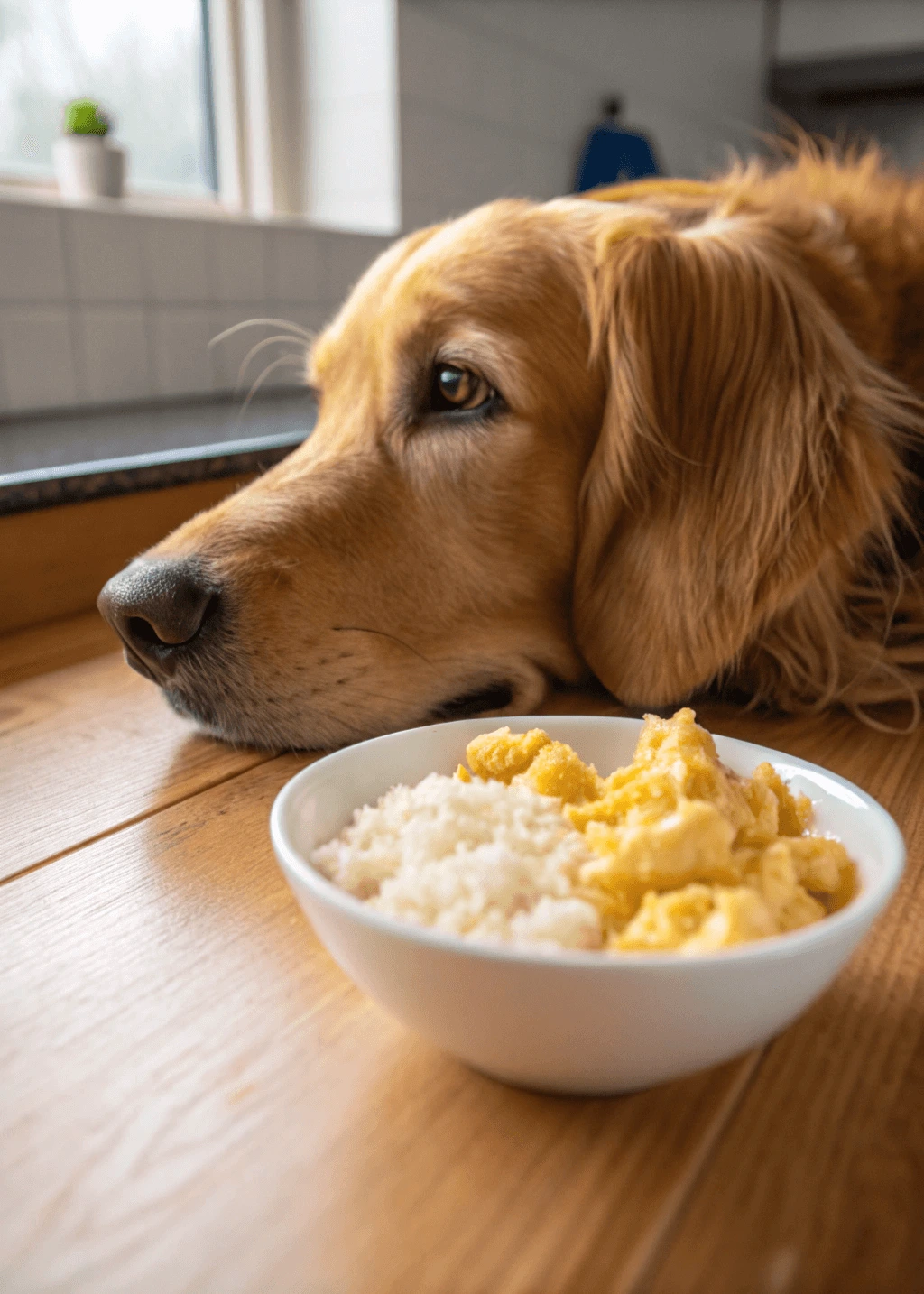 Golden retriever resting near bland diet scrambled eggs for dogs