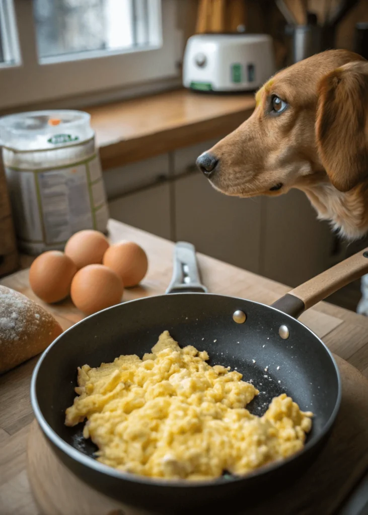 Scrambled eggs cooking plain in a pan for dog bland diet