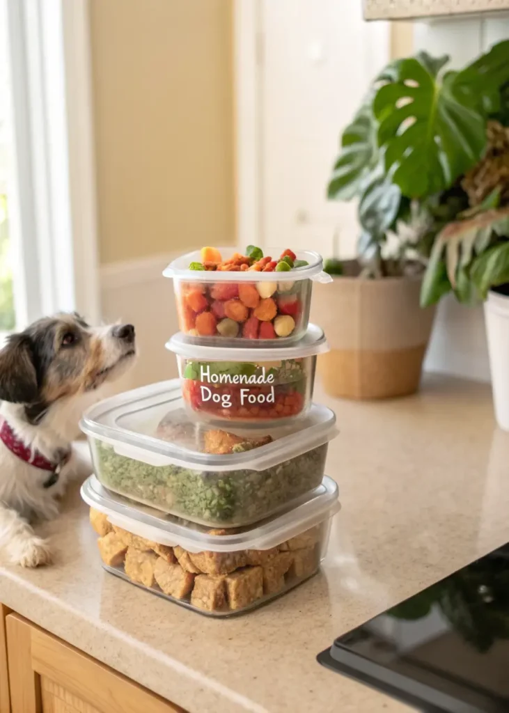 Homemade venison dog food stored in glass containers with a curious dog nearby