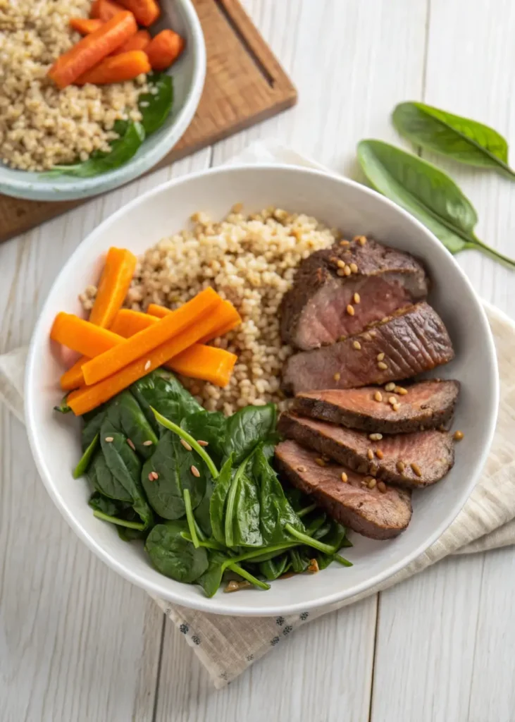 A close-up shot of venison, brown rice, carrots, and spinach arranged on a wooden table for a balanced dog meal.