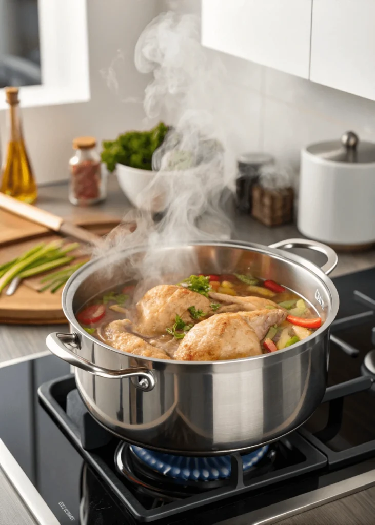 Plain chicken breast boiling in a pot for a bland dog food recipe