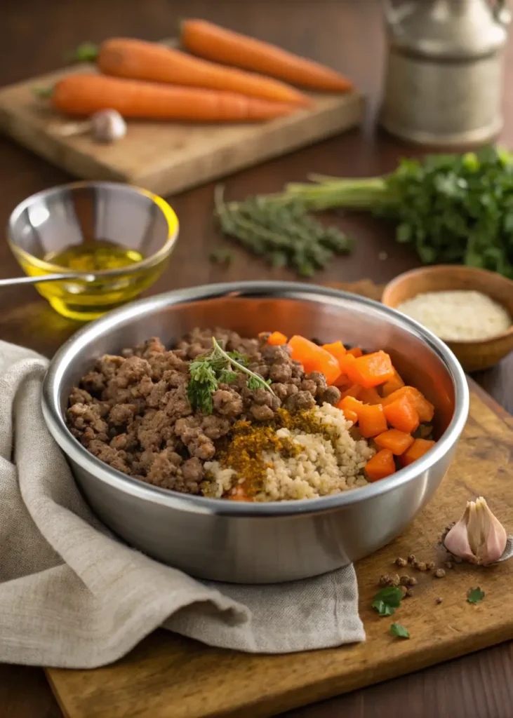 Stainless steel dog bowl filled with ground venison, quinoa, and vegetables like carrots on a kitchen counter.