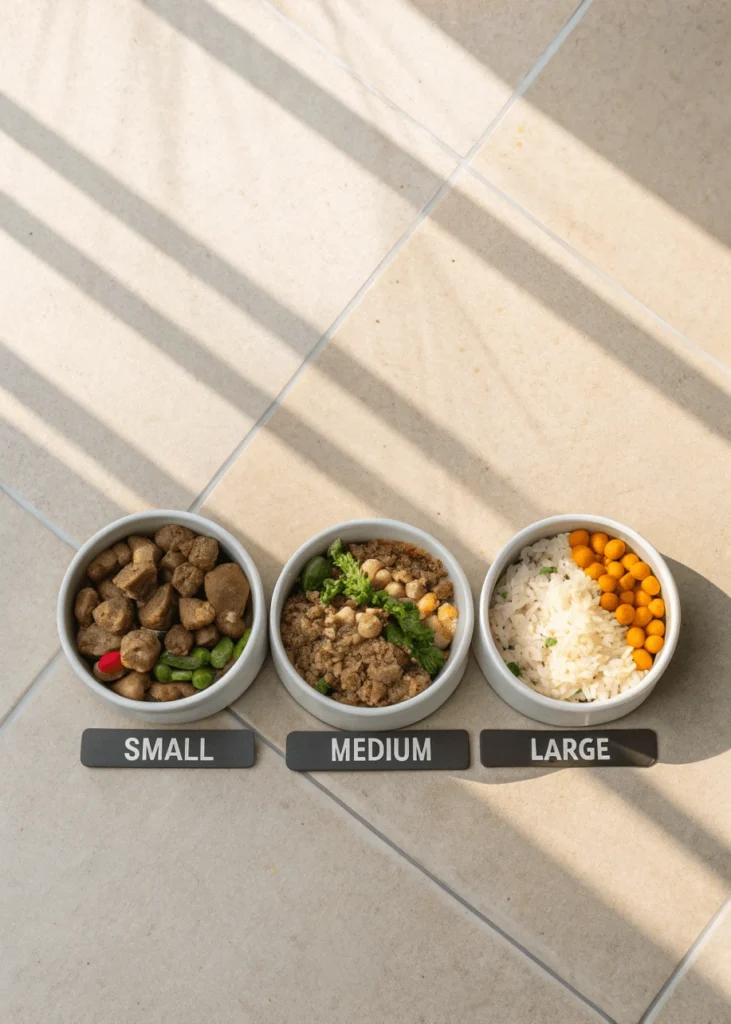 Portion sizes of chicken and rice bland diet for small, medium, and large dogs