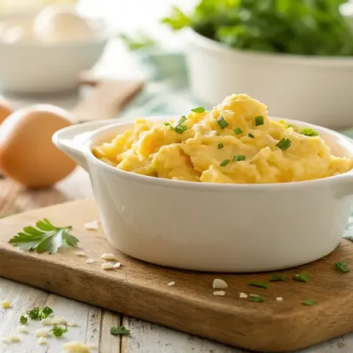 Scrambled eggs for dogs on a bland diet served plain in dog bowl)